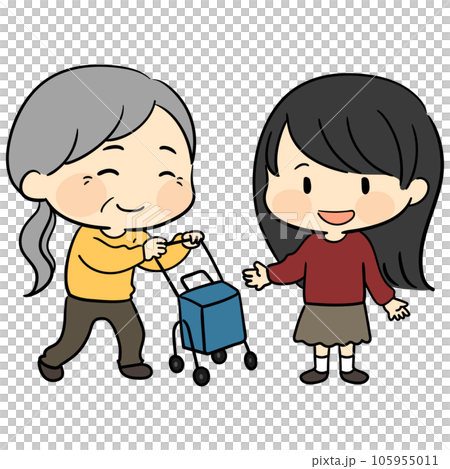 一位老年婦女與助行器和一位微笑的婦女一起散步的可愛插圖 一位老年婦女與助行器和一位微笑的婦女一起散步的可愛插圖 105955011