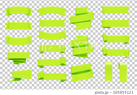 Green ribbon banner 3d render set. Glossy bright text box in form of curled and rolled tape for sale or discount promotion sign. Title frame design element for advertising or congratulation message. 105955121
