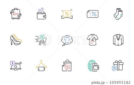 Clean towel, Discount banner and Wallet money line icons for website, printing. Collection of Wallet, Online shopping, Sale gift icons. T-shirt design, Shoes, Socks web elements. Vector Clean towel, Discount banner and Wallet money line icons for website, printing. Collection of Wallet, Online shopping, Sale gift icons. T-shirt design, Shoes, Socks web elements. Vector 105955182