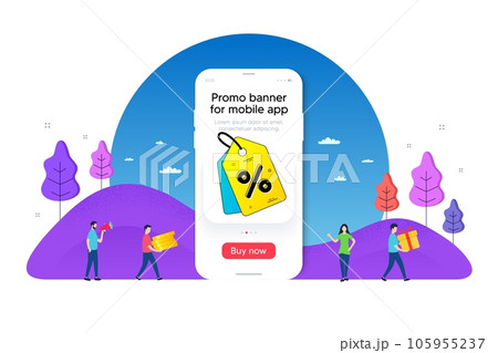 Offer discount tag. Phone ui interface banner. Sale coupon banner. Price tag badge icon. Mobile smartphone promo banner. Offer discount tag. Man with gift box. Vector 105955237
