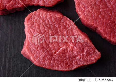 Juicy fresh raw beef meat with salt, spices and herbs Juicy fresh raw beef meat with salt, spices and herbs 105955363