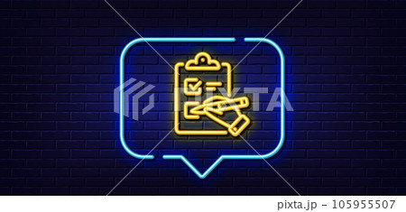 Neon light speech bubble. Checklist line icon. Clipboard document sign. Questioning survey symbol. Neon light background. Checklist glow line. Brick wall banner. Vector Neon light speech bubble. Checklist line icon. Clipboard document sign. Questioning survey symbol. Neon light background. Checklist glow line. Brick wall banner. Vector 105955507