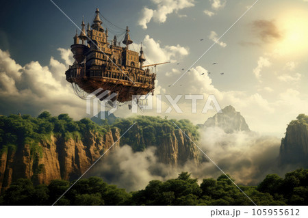 flying pirate ship flying above the mountains. Fantasy illustration 105955612