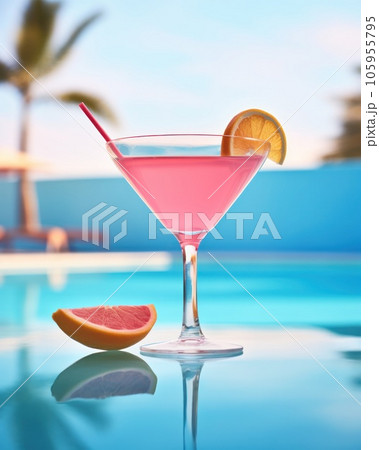 Pink cocktail with lemon wedge sitting on the pool table 105955795