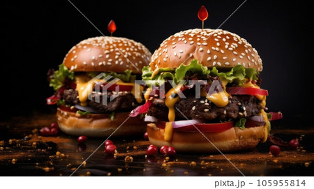 Two burgers on dark background 105955814