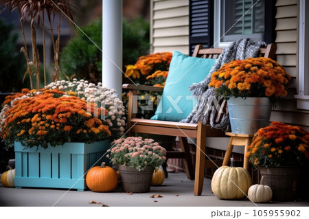 Front door with fall decor, pumpkins and autumn themed decorations Front door with fall decor, pumpkins and autumn themed decorations 105955902