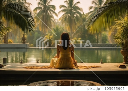 A woman wearing a hat looking at the water of a lagoon hotel and a swimming pool A woman wearing a hat looking at the water of a lagoon hotel and a swimming pool 105955905