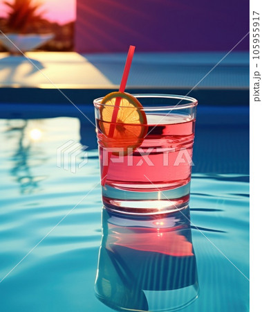 Pink cocktail with lemon wedge sitting on the pool table 105955917