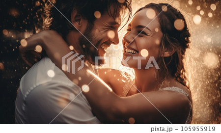 Brides and grooms smiling, with water drops thrown Brides and grooms smiling, with water drops thrown 105955919