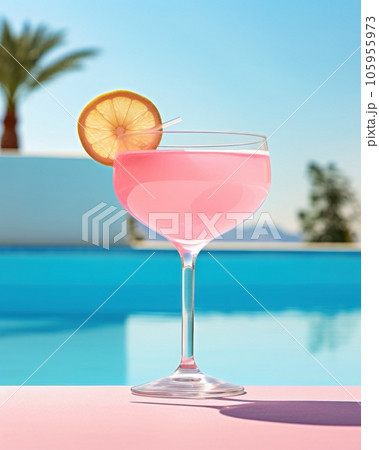 Pink cocktail with lemon wedge sitting on the pool table Pink cocktail with lemon wedge sitting on the pool table 105955973