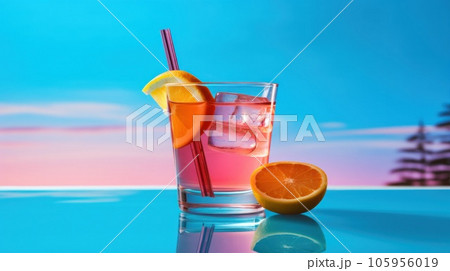 Pink cocktail with lemon wedge sitting on the pool table Pink cocktail with lemon wedge sitting on the pool table 105956019