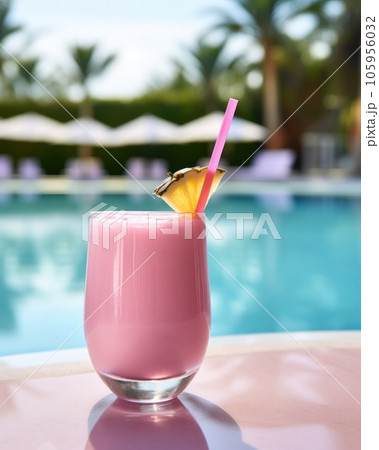 Pink cocktail with lemon wedge sitting on the pool table 105956032