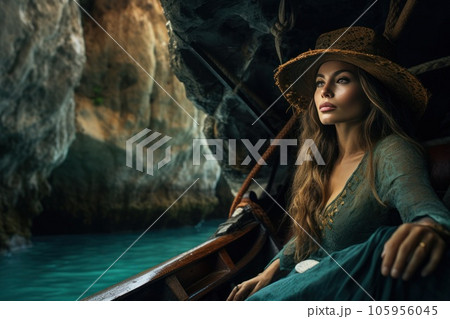 A woman in a hat riding on a boat around some lush tropical islands 105956045