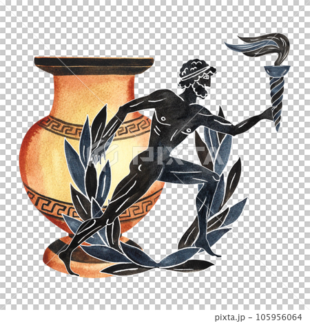 Composition with ancient Greek elements and an athlete with a torch. Amphora, laurel wreath. In the style of ancient Greek art painting. Hand drawn watercolor illustration. 105956064