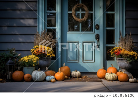 Front door with fall decor, pumpkins and autumnthemed decorations 105956100
