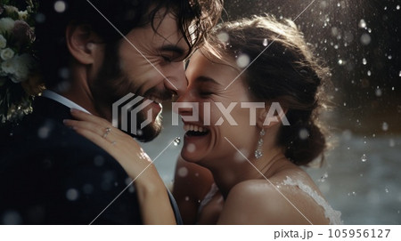 Brides and grooms smiling, with water drops thrown Brides and grooms smiling, with water drops thrown 105956127