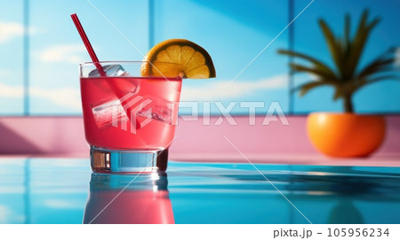 Pink cocktail with lemon wedge sitting on the pool table Pink cocktail with lemon wedge sitting on the pool table 105956234