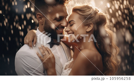 Brides and grooms smiling, with water drops thrown Brides and grooms smiling, with water drops thrown 105956258