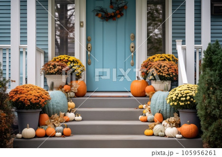 Front door with fall decor, pumpkins and autumn themed decorations Front door with fall decor, pumpkins and autumn themed decorations 105956261