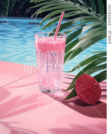 Pink cocktail with lemon wedge sitting on the pool table 105956334