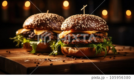 Two burgers on dark background Two burgers on dark background 105956380