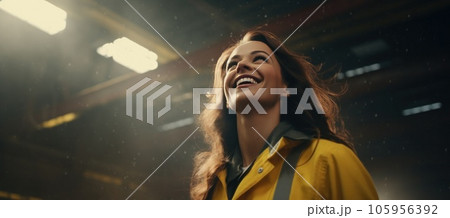 A woman wearing hard hat and protective jacket stands in the electric wires of a power station working A woman wearing hard hat and protective jacket stands in the electric wires of a power station working 105956392