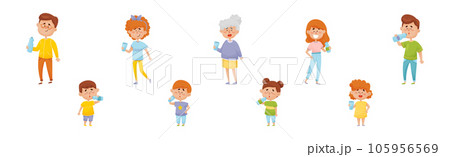 People Drinking Water from Glass and Plastic Bottles Vector Set 105956569