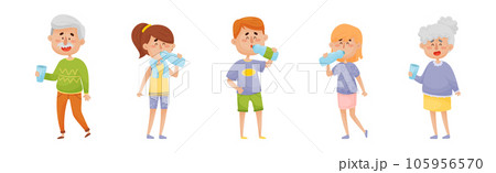 Man and Woman Drinking Water from Glass and Plastic Bottles Vector Set 105956570