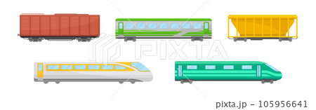 Passenger and Cargo Train and Railroad Transport with Wagon Vector Set 105956641