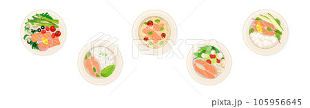 Salmon Dish as Tasty Seafood Meal Served on Plate Vector Set Salmon Dish as Tasty Seafood Meal Served on Plate Vector Set 105956645