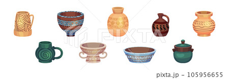 Ceramic Vase and Crafted Clay Container with Ornament Vector Set Ceramic Vase and Crafted Clay Container with Ornament Vector Set 105956655