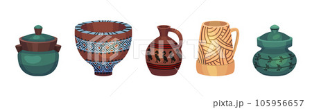 Ceramic Vase and Crafted Clay Container with Ornament Vector Set Ceramic Vase and Crafted Clay Container with Ornament Vector Set 105956657