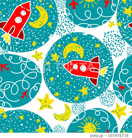 Seamless background of rockets in space. Vector illustration 105956716
