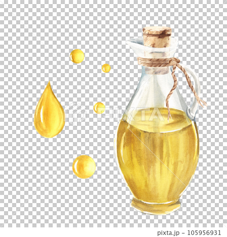 Olive oil in glass jug and oil drops. Hand drawn watercolor illustration on a white background. For menu, product and italian, greek, spanish cuisine design 105956931