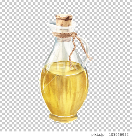 Olive oil in glass jug with cork and jute cord. Hand drawn watercolor illustration on a white background. For menu, product and italian, greek, spanish cuisine design Olive oil in glass jug with cork and jute cord. Hand drawn watercolor illustration on a white background. For menu, product and italian, greek, spanish cuisine design 105956932