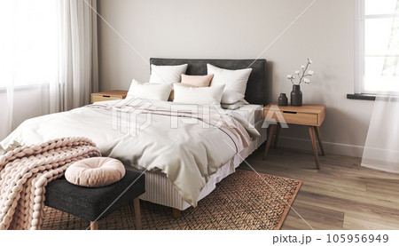 Scandinavian hamptons white bedroom interior design. Wooden farmhouse furniture and dry plants. Horizontal banner panoramic background. 3d rendering. High quality 3d illustration 105956949