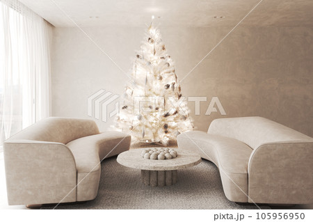 Contemporary classic white beige livingroom with sofa and decor - carpet background. Large modern japanese Christmas tree and nature view. 3d rendering. High quality 3d illustration 105956950