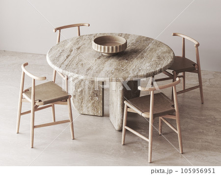 Wooden beige diningroom interior with stone marble dining table and chairs background. Natural light brown concrete floor. 3d rendering. High quality 3d illustration 105956951