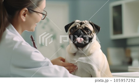 A veterinarian in a clinic looking at a dog A veterinarian in a clinic looking at a dog 105957292