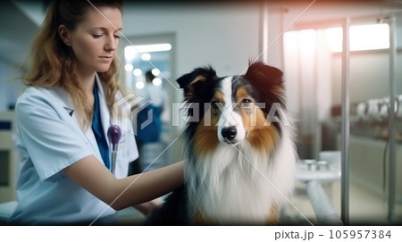 A veterinarian in a clinic looking at a dog A veterinarian in a clinic looking at a dog 105957384