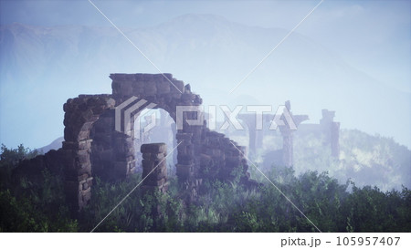 Collapsed fortress amidst rugged hillsides Collapsed fortress amidst rugged hillsides 105957407