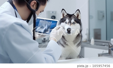 A veterinarian in a clinic looking at a dog A veterinarian in a clinic looking at a dog 105957456