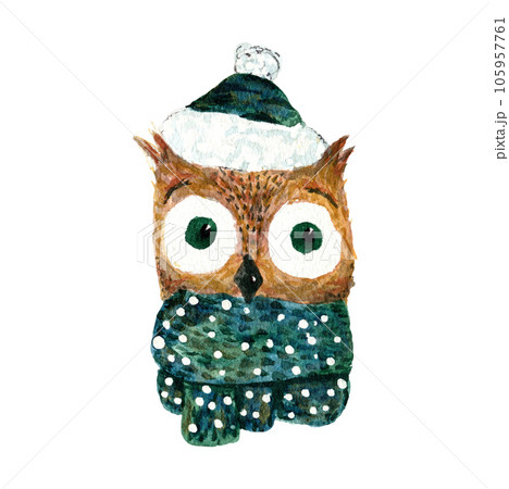 Cute watercolor brown owl in dotted and snowy green scarf and winter Christmas hat. Childish cartoon New Year illustration with cheerful bird for greeting card design, banner, sticker Cute watercolor brown owl in dotted and snowy green scarf and winter Christmas hat. Childish cartoon New Year illustration with cheerful bird for greeting card design, banner, sticker 105957761
