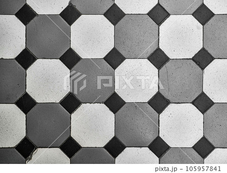 Old ceramic tiles with a classic pattern laid background, texture for wallpaper or presentation, splash screen for advertising. 105957841