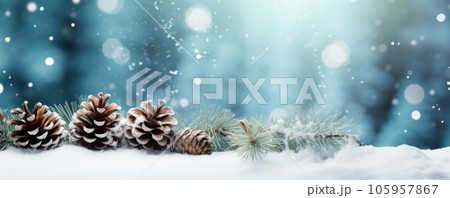 A white winter background with snow and pine cones A white winter background with snow and pine cones 105957867
