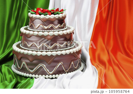 Chocolate cake on the Irish flag background, 3D rendering Chocolate cake on the Irish flag background, 3D rendering 105958764