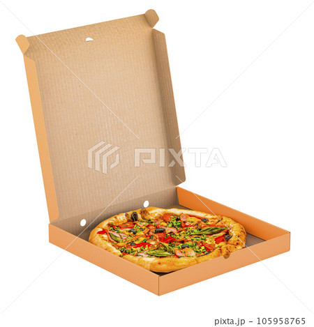 Opened pizza box with pizza, 3D rendering Opened pizza box with pizza, 3D rendering 105958765