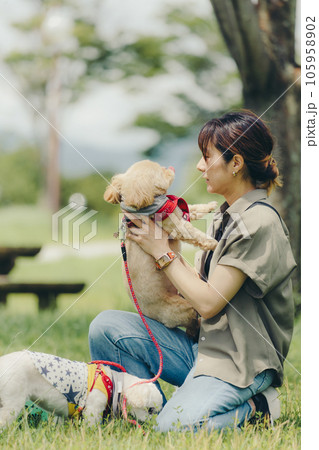 愛犬と戯れる女性 105958902