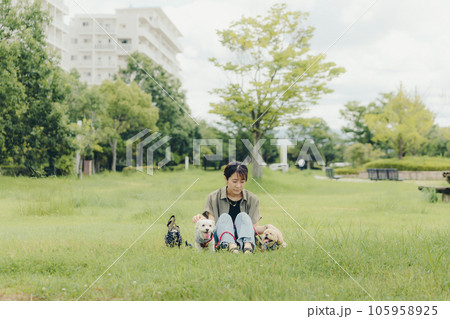 愛犬と戯れる女性 105958925