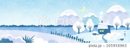 静かな冬の夜の風景 雪と自然と水辺の家の水彩背景イラスト 105958963
